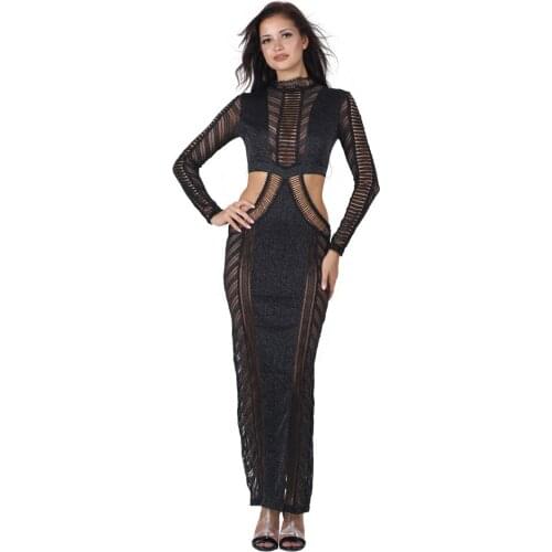 S Curve Shimmer Waist Cut Out Back Slit Long Sleeve Sexy Prom Maxi Bodycon Dress
