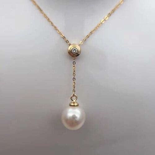 Sinya 18k Au750 gold necklace inlay 0.023ct real Diamond with 9mm natural pearls Y style necklace for women girls fine jewelry