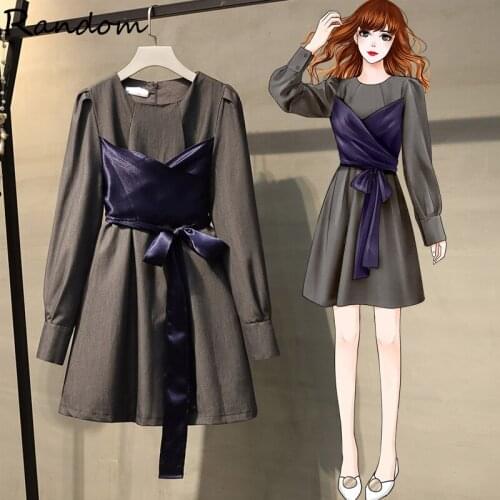 Plus Size Satin Patchwork Office Dress Women Autumn Winter Long Sleeve O Neck Fake Two Fashion Mini Elegant Tunic Party Dresses