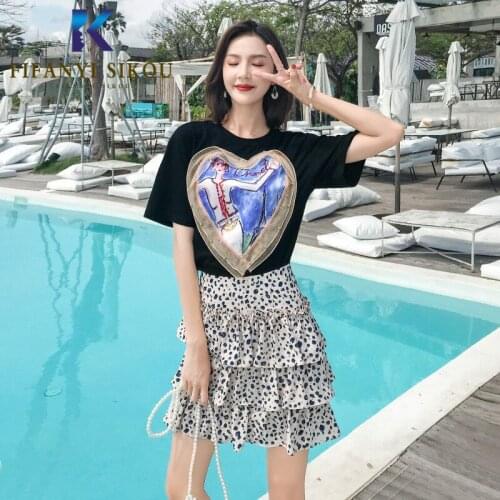 Plus Size Women Summer Fashion Two piece set Beaded Short sleeve Print T-shirt And High waist Mini Skirt Loose 2 piece set women