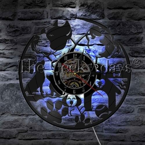 Different Dog Breeds Grooming Salon Pet Shop LED Night Light I Love Dogs Vinyl Record Wall Clock LED Hanging Light