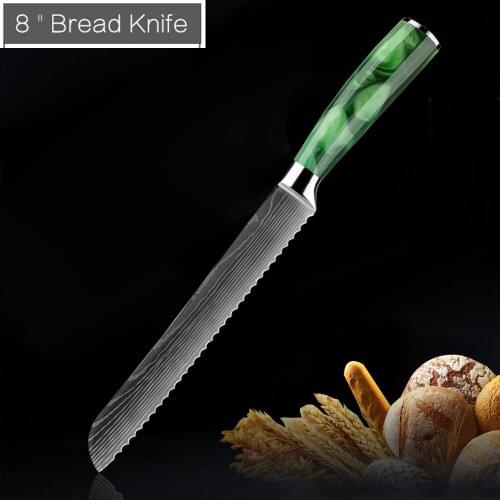 8 inch Kitchen Bread Knife Serrated Laser Damascus Stainless Steel Blade Chef Knives Bread Cheese Cake Tool Green Handle