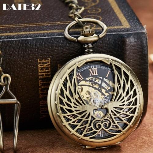Wings Pattern Hollow Mechanical Pocket Watch Antique Steampunk Skeleton Dial Bronze Fob Chain Clock for Men Women Dropshipping