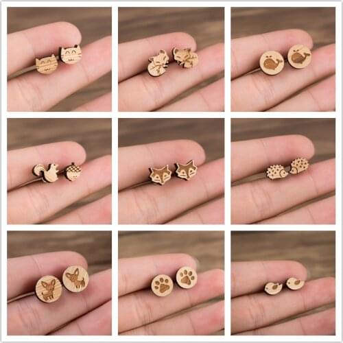 Unique Handmade Forest Animal Wooden Earrings Lovely Fox Dog Cat Hedgehog Wood Stud Earing for Women Girls Birthday Gift