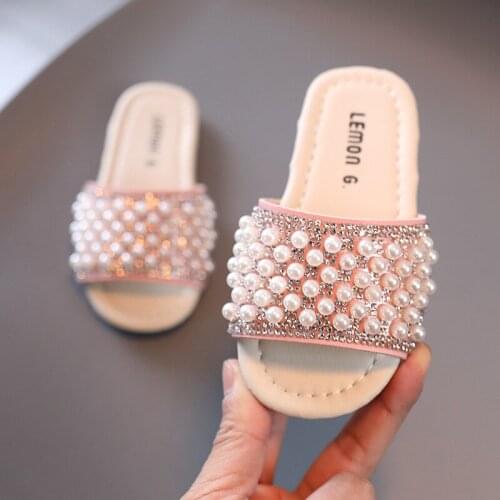 Princess Girls Slippers Summer 2021 Kids Sandals Slides Beach Swimming Bath Slippers for Children Bling Pearls Beading Soft Chic