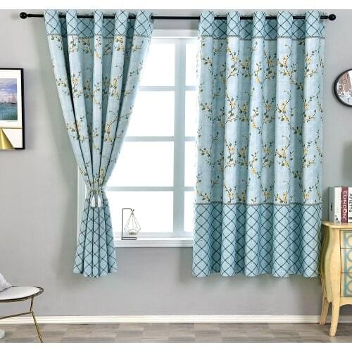 Blue Short Blackout Curtains for Living Room Bedroom Kitchen Floral Design Window Drapes