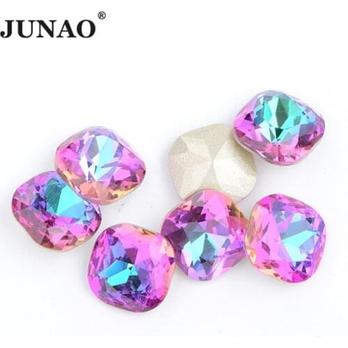 JUNAO 8 10 12mm Violet Red Color Glass Diamond Square Crystal Rhinestone Applique Point Back Loose Stones for Decoration Strass