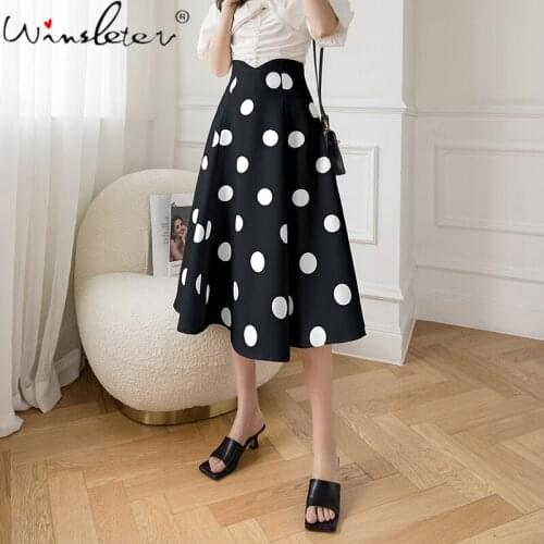 Vintage Polka Dot Skirt Women Girls Ball Gown Bottoms High Waist Back Zipper Mid-Calf Length Black White Summer B15604A