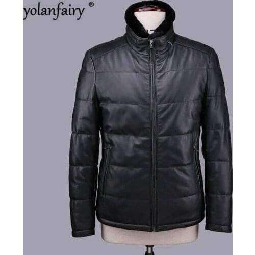 YOLANFAIRY Geniune Leather Jacket Men Sheepskin Leather Duck Down Coats With Natural Rex Rabbit Fur liner Coat 12-H27# MF402