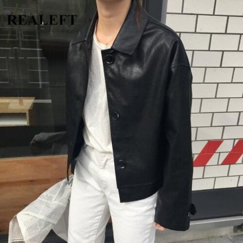 REALEFT 2021 New Autumn Winter Black PU Faux Leather Womens Jacket Single Breasted Biker Jackets Coat Female Short Outwear Tops