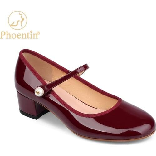 Phoentin red mary jane shoes square heels 2020 pearl cross strap heels women round toe womans shoe large size footwear FT963