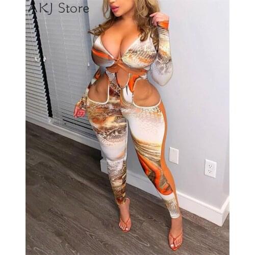Women Print Hollow Skinny Jumpsuit Deep V-Neck Long Sleeve Skinny Romper
