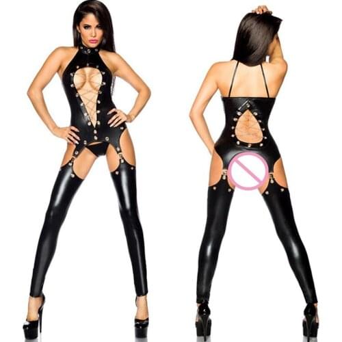 Open Crotch Catsuit Sexy Lingerie Set Garter Leather Sexi Women Chain Belt Erotic Underwear Ladies Panties Crotchless Bodysuit