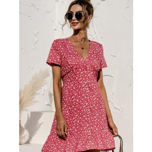 2021 Summer Womens V-neck Printed Floral Stitch Sewing Ruffle Sexy Short Sleeve Mini Dress Summer Beach Fashion Dress For Women