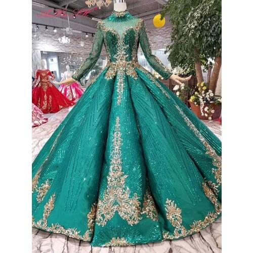 AnXin SH Luxury golden flower red lace beading crystal high neck sparkly long sleeve green wedding dress 100% real photo