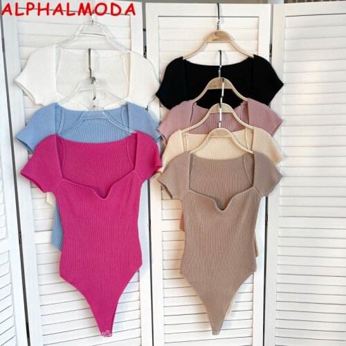 ALPHALMODA 2021 Summer Women Sexy Skinny Bodysuit Solid Color Trendy Female Knitted Short-sleeved All-matching Bodysuit