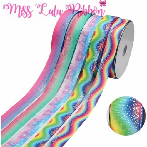 1-1/2"38mm Little Dots Silver Foil Gradient Color Rainbow Wave Printed Grosgrain Ribbon DIY Hair Bowknots Christmas 50yards/roll