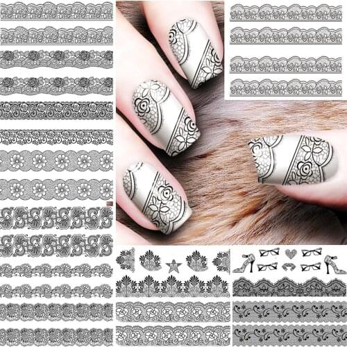 12 Sheets Lot Black Flower Lace Water Transfer Nail Art Decorations Sticker Decals Nails Wraps Manicure Supplies Tool