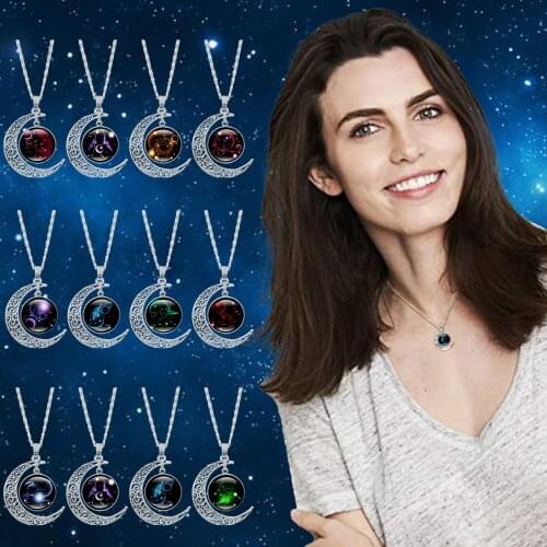 2021 creative simple French 12 constellation Gem Necklace Silver Moon Pendant Necklace Necklace GiftS for Mom Present for Women