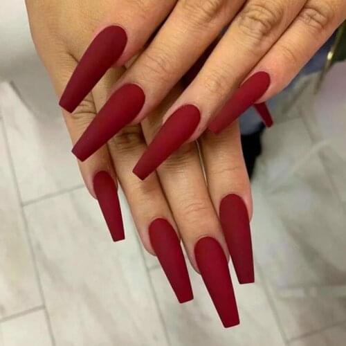24pcs/Set Fashion Matte Fake Nails Blue Extra Long Wine Red Full Cover Ballerina False Nails with Glue Manicure Nail Art Tips