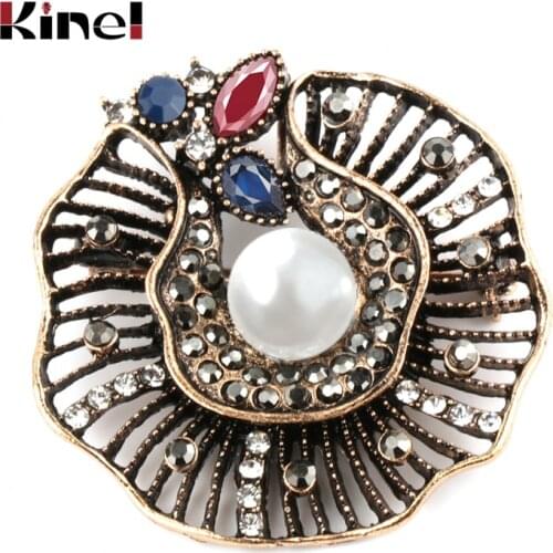 Kinel Hot Pearl Crystal Flower Brooch For Women Antique Gold Vintage Wedding Jewelry Clothing Accessories Drop Shipping