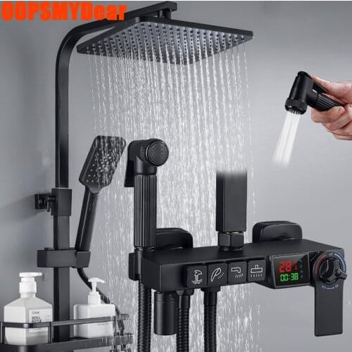 Digital Shower System LED Smart Thermostatic Shower Set Wall Mount Constant Temperature Bath Faucet Hot Cold Mixer Black Grifos