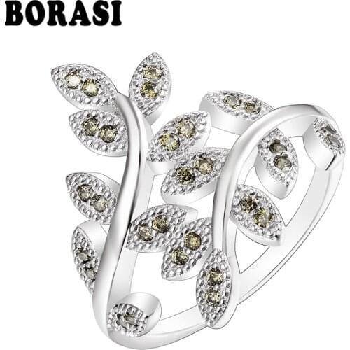 BORASI CZ Ring Silver Color Geometric Leaf Shape With Zircon For Women Ring Wedding Party Gift Elegant Fashion Jewelry