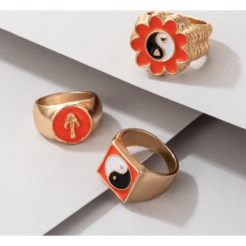 Docona 3pcs/set Retro Tai Chi Yin Yang Rings for Women Dropping Oil Mushroom Colorful Ring Set Female 2021 Fashion Jewelry 19842