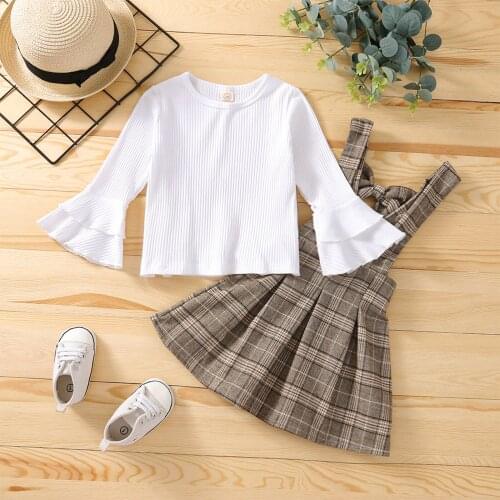 Girls Clothes Set Baby Girl Autumn Long Sleeve Pullover Top + Plaid Suspender Skirt 2PCS Outfit Children Clothing Set