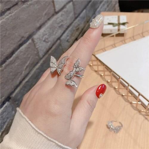 Korean New Design Hot Sale Fashion Jewelry Luxury Copper Inlaid Zircon Ring Asymmetric Butterfly Group Prom Party Ring for women