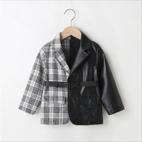 2021 New Arrival Girls Plaid Patchwork PU Leather Coat Autumn Cotton Full Sleeve Fashion Girls Jacket 2-7 years XY758