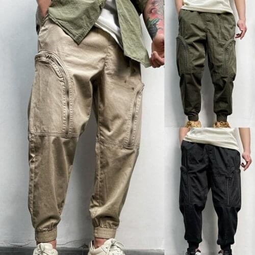 2021 Mens New Style Sports Pants Solid Color Hip-Hop Loose Casual Elastic Waist Ankle Banded Trendy Cargo Pants for Sportwear
