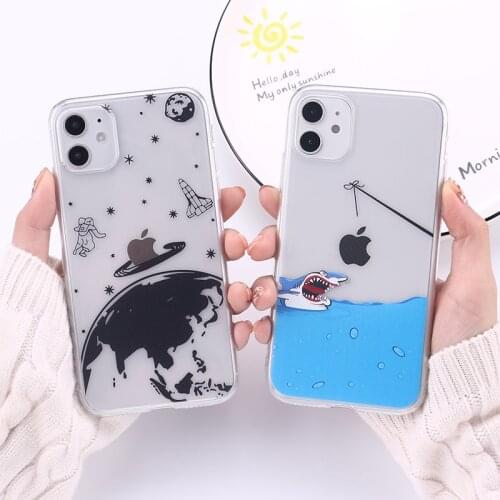 Funny Outer Space Planet Shark Soft Silicone Case Fundas For iPhone 12 mini 11 Pro 6S 8 8Plus X 7 7Plus XS Max Soft Phone Cover
