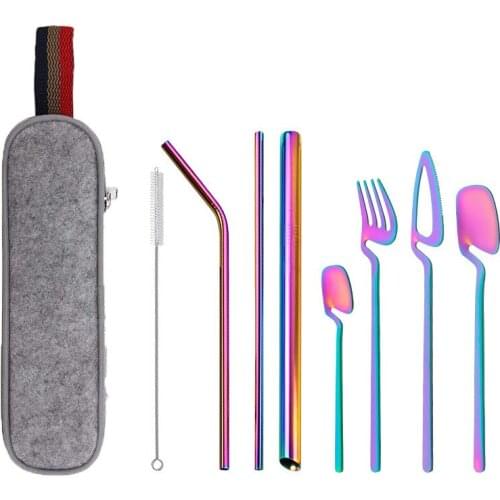 304 stainless steel cutlery set creative portable outdoor camping tableware titanium-plated stainless steel milk tea straw
