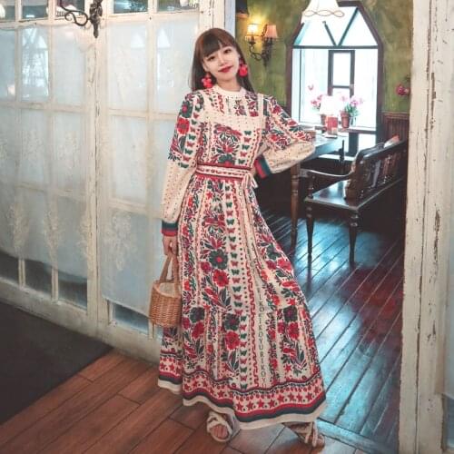 New Fashion Boho Maxi Dress Autumn Long Sleeve Women Floral Printed Elegant Party Beach Long Dress Large Size Slim Robe Vestidos