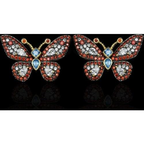 CIZEVA New Black Gold Earrings with Red Ziron Exquisite Real 925 Sterling Silver Butterfly Stud Earring Bohemia Animal Jewelry
