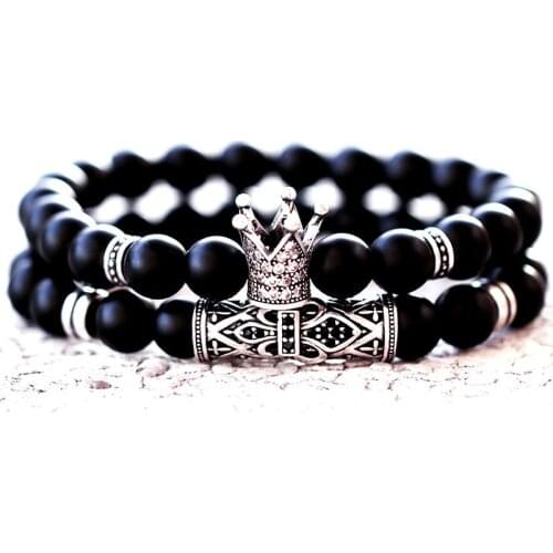New Crown A knights Helm Bracelet Men Women Classic Vintage Style Matte Beads Stone Charm Lion Skull Bangle For Couples Jewelry