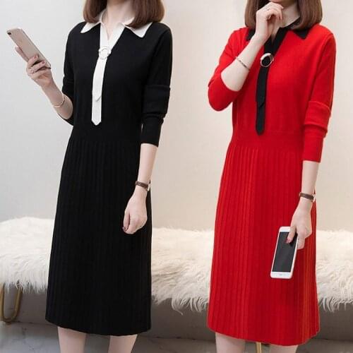 2020 Autumn Winter Women Fashion Sweater Dress Long Casual Sweet Knit Shirt Plus Size Pleated Long Sleeve Pullover Vestidos K370