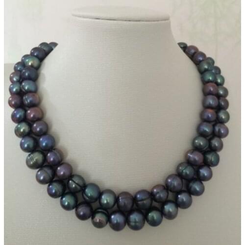 Double strands 11-12mm tahitian black green pearl necklace 18"19"