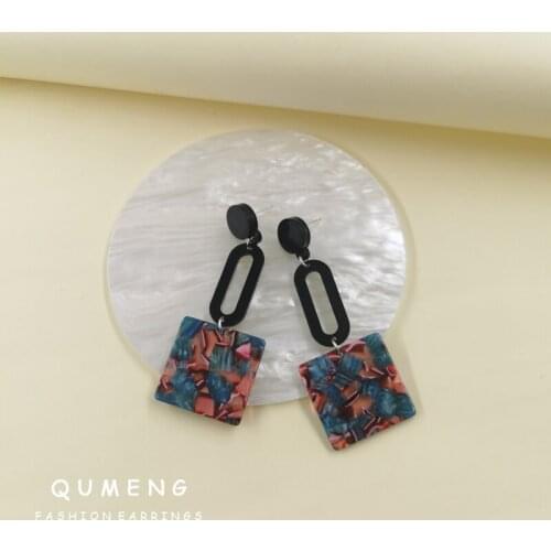 QUMENG 2021 Colorful Geometric Square Texture Acrylic Acetic Acid Long Pendant Earrings Creative Unique Fashion Retro Jewelry
