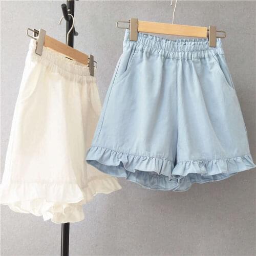 Fashion Sweet Ruffles Cotton And Linen Shorts Women Elastic Waist Loose Wide Leg Summer Shorts For Students Casual Shorts C7248