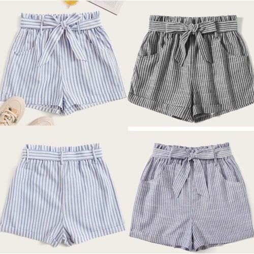Belt Knot High waisted Striped Print Summer Short Streetwear High Quality Pockets lovely sweet Shorts Women Drop Shipping Szorty