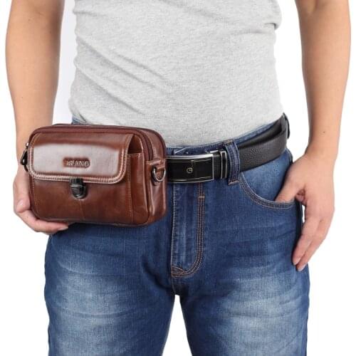 Real Leather Mens Casual Designer Small Waist Bag Cowhide Fashion Hook Bum Bag Waist Belt Pack Cigarette Case 7" Phone Pouch