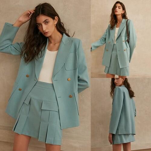 Vintage Women Suits Fashion Office Wear Double Breasted Blazer & A Line Skirt Casual Daily Coat Two Piece Set