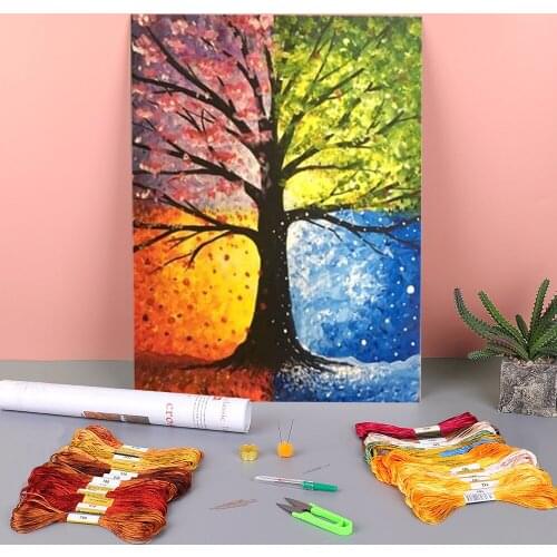 Landscape Tree Printed Water-Soluble Canvas 11CT Cross Stitch Embroidery Patterns DMC Threads Needlework Craft Adults