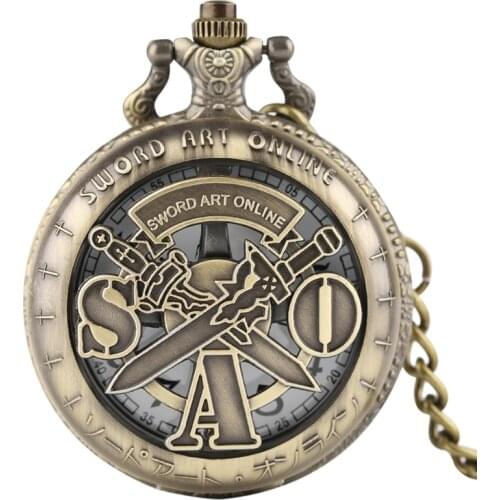 High Quality Retro Vintage Hollow Sword Art Online Bronze Quartz Pocket Watch Men Women Pendant Necklace Chain Gifts