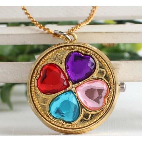 Japanese cartoon clover golden Fashion quartz 360 rotation gift children students Necklace pocket watches