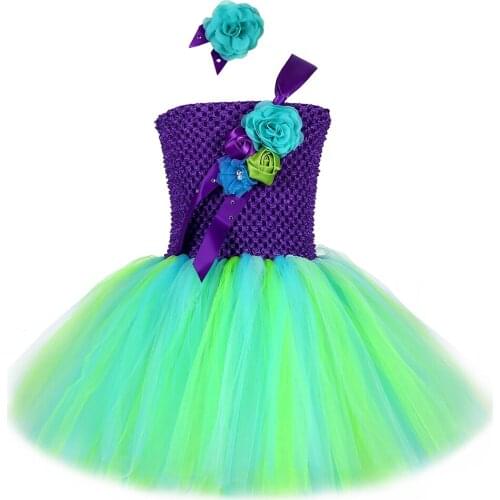 Purple & Green Girls Mermaid Tutu Dress Tulle Princess Flowers Girl Birthday Party Dress Kids Girls Halloween Mermaid Costume