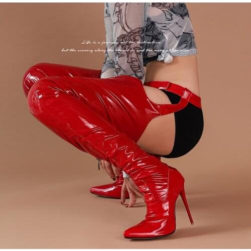 Women over-the-knee Boots plus size 23.5-28cm Soft patent leather long boots super high heel Nightclub sexy Belt sling boots