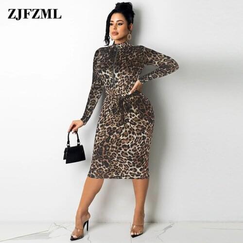 Vintage Style Leopard Print Pencil Dresses Women High Necked Long Sleeve Party Club Dress Elegant Zipper Front Belt Vestidos